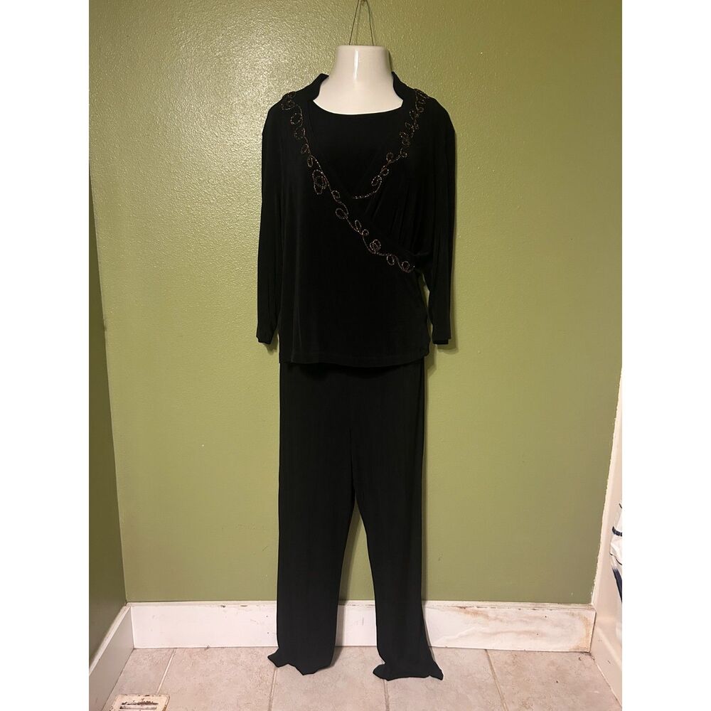 Chicos Travelers 3 Piece Pant Set Black Beaded Slinky Knit Tank Top Pants